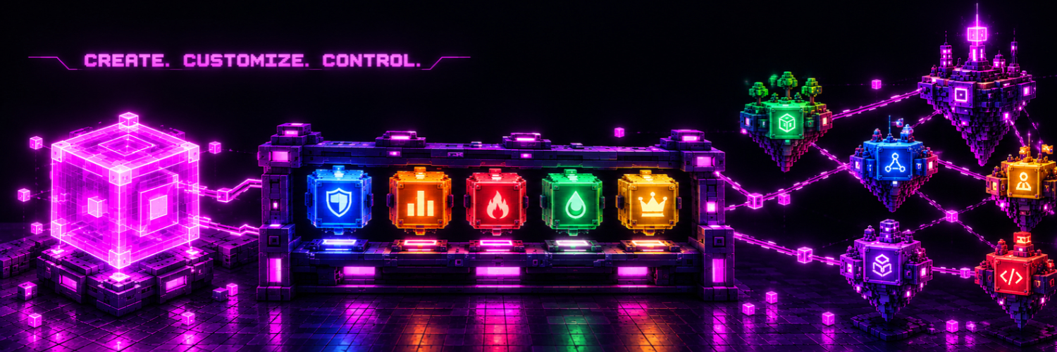Artwork: a glowing magenta cube feeding a rack with five coloured slots, which links to floating pool islands
